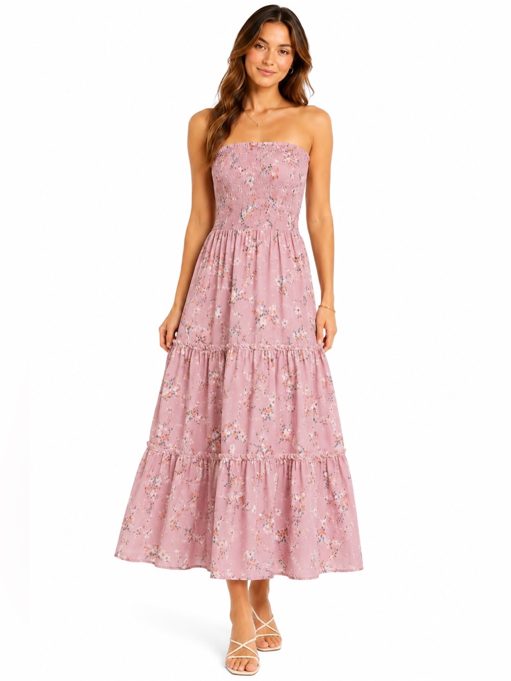 Sunday Mi Amor Pink Floral Smocked Strapless Maxi Dress SZ L Boho Cottagecore